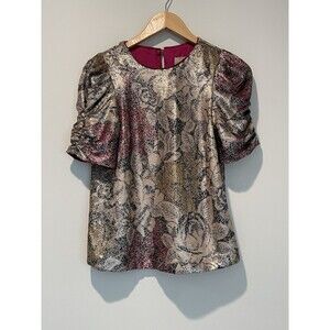 Anthropologie Pink and Gold Ruched Puff Sleeve Floral Sequined Top Sz‎ 0